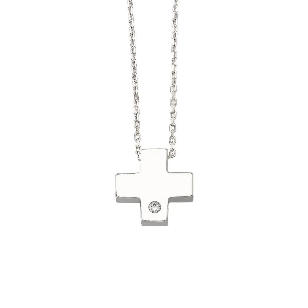 Tiny Squared Gold Cross Pendant with Diamond