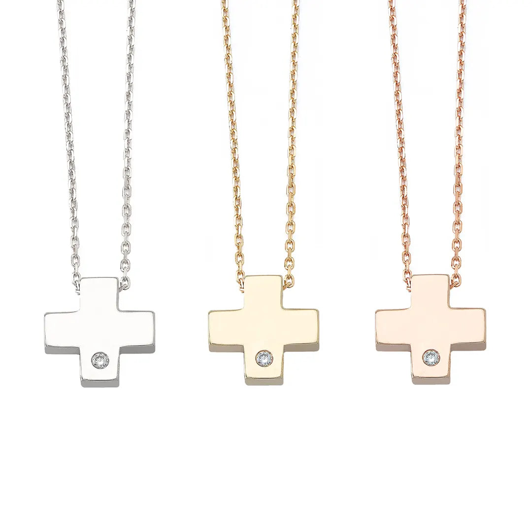 Tiny Squared Gold Cross Pendant with Diamond