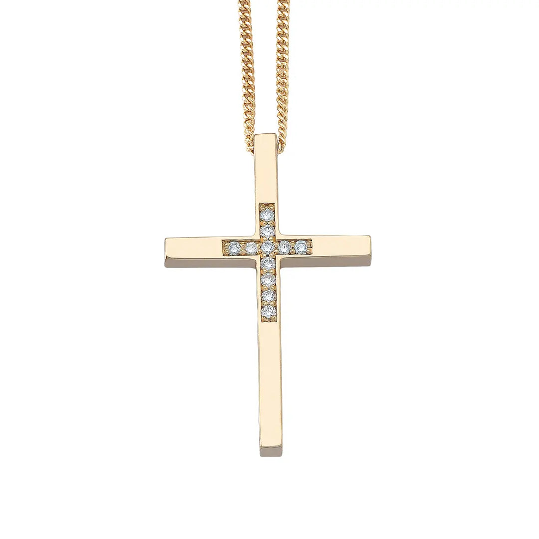 Thin and Tall Gold Cross Pendant Centered with Diamonds