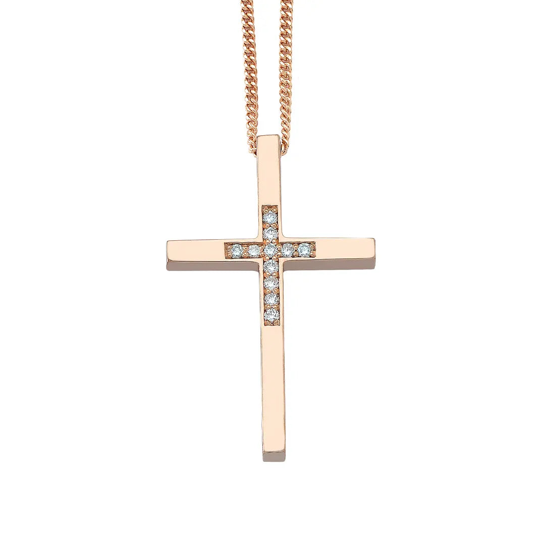 Thin and Tall Gold Cross Pendant Centered with Diamonds