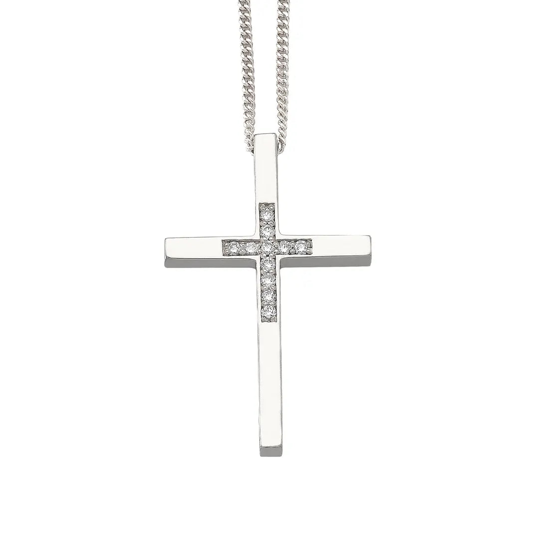Thin and Tall Gold Cross Pendant Centered with Diamonds