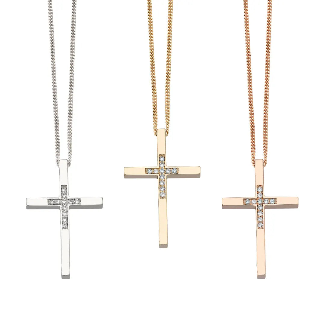 Thin and Tall Gold Cross Pendant Centered with Diamonds