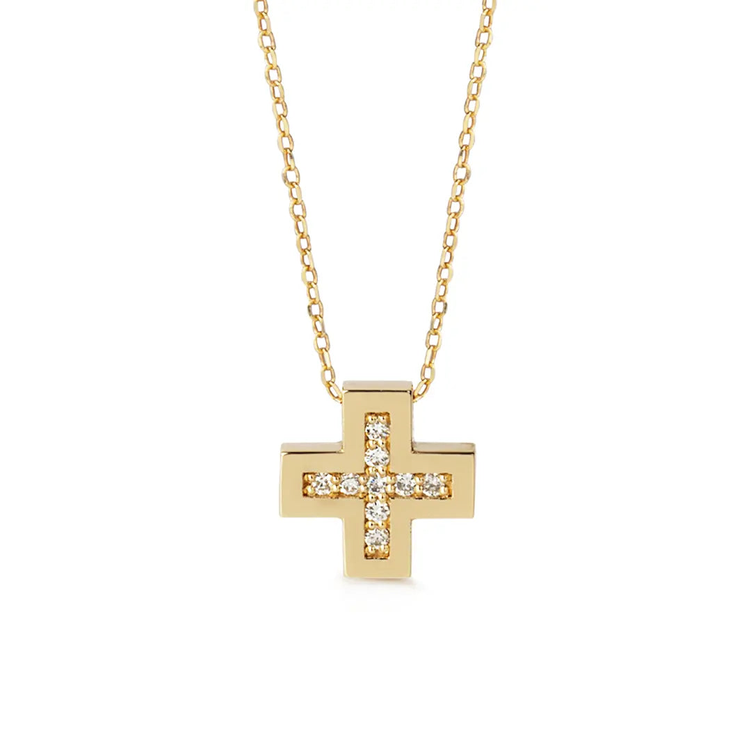 Tiny Squared Diamond Gold Cross Pendant