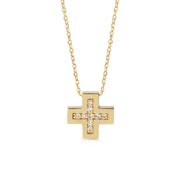 Tiny Squared Diamond Gold Cross Pendant