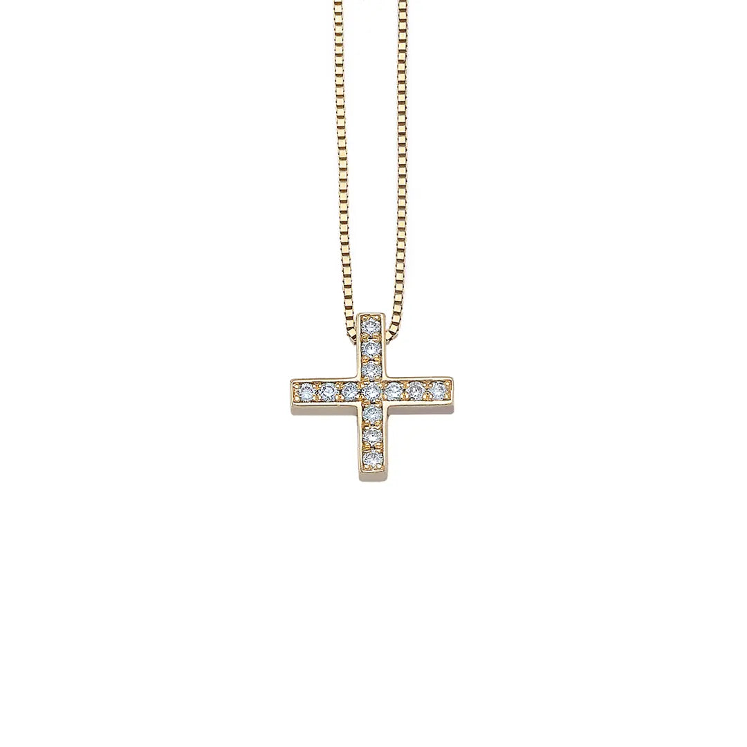 Tiny Thin Squared Diamond Gold Cross Pendant