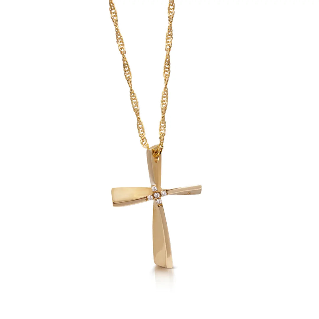 Twisted Gold Cross Pendant with 5 diamonds, Medium size