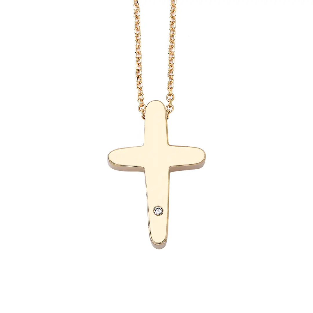 Pointed Edges Gold Cross Pendant with Diamond, Medium Size