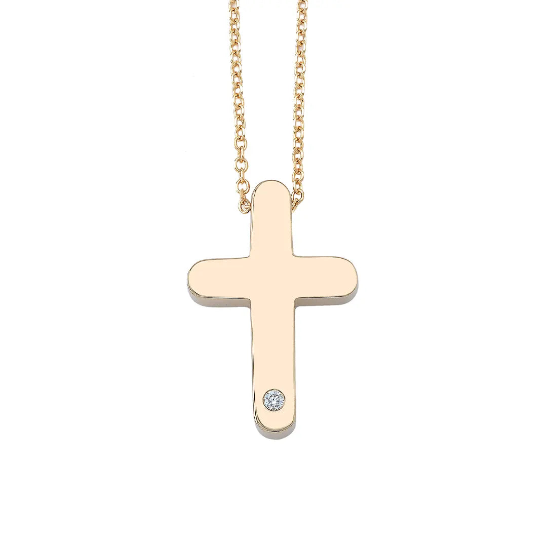 Curved Edges Gold Cross Pendant with Diamond