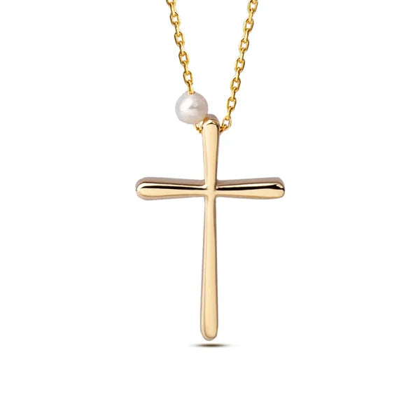 Curved Edges Gold Cross Pendant with Freshwater Pearl