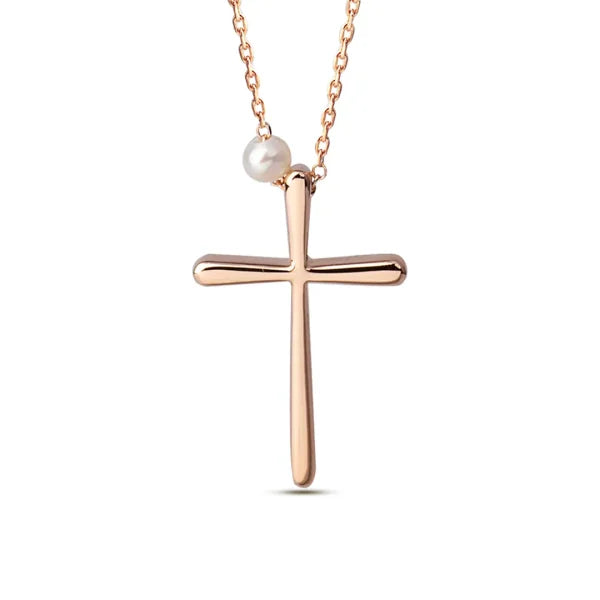 Curved Edges Gold Cross Pendant with Freshwater Pearl