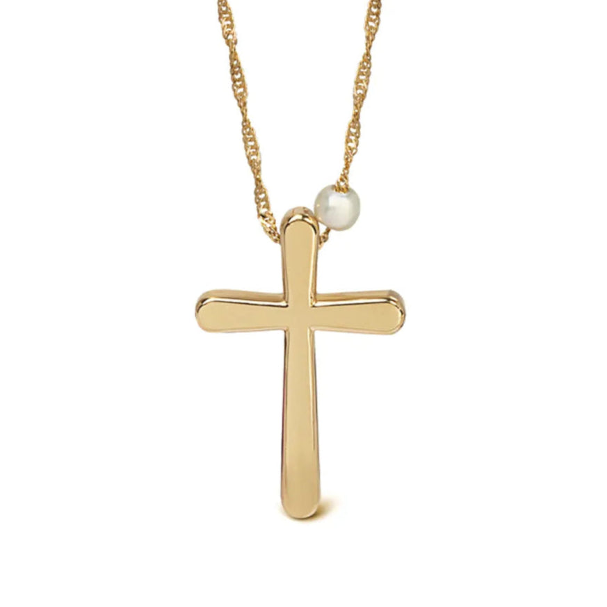 Bold, Curved Edges Gold Cross Pendant with Freshwater Pearl