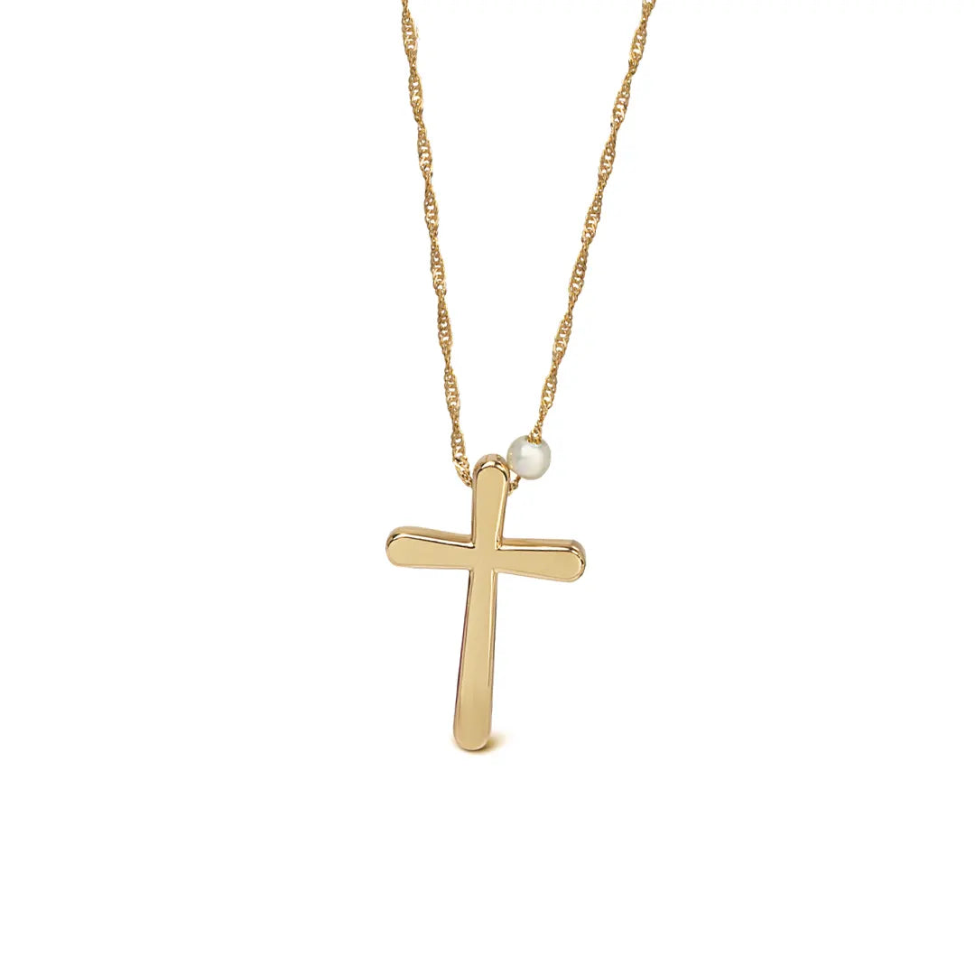 Bold, Curved Edges Gold Cross Pendant with Freshwater Pearl