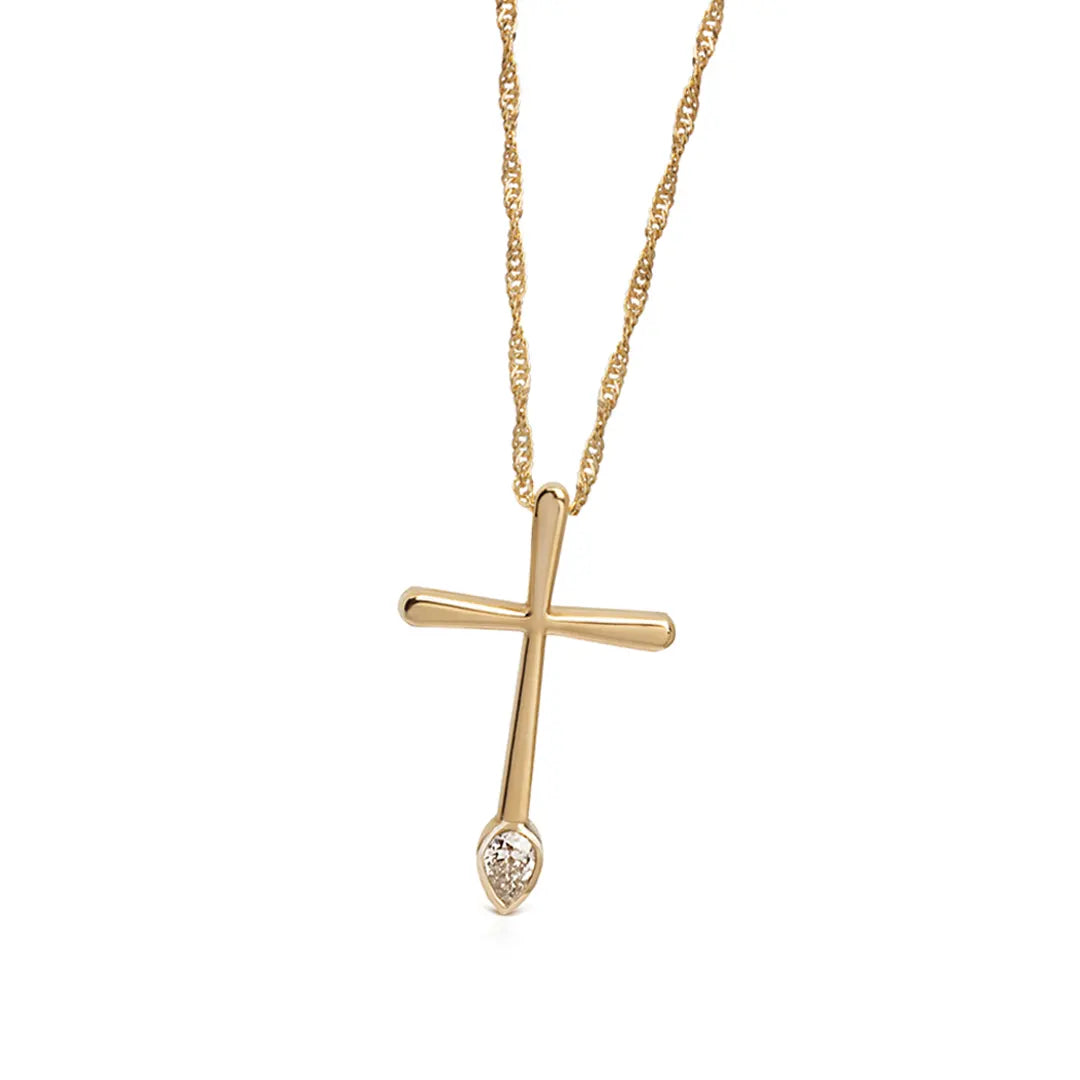 Thin and Tall with Curved Edges Gold Cross with Pear shape Diamond