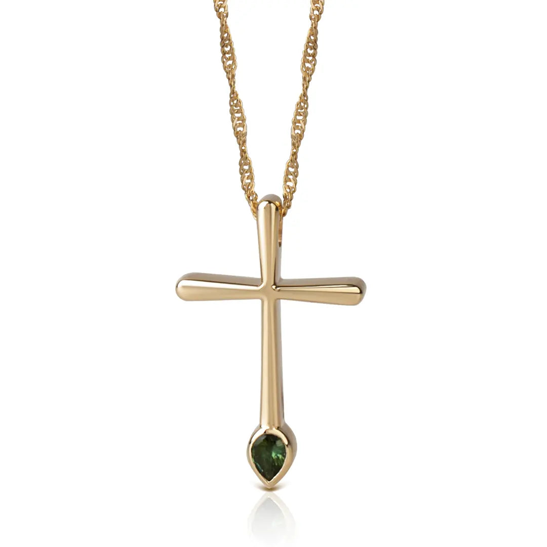 Thin and Tall with Curved Edges Gold Cross with Green Pear shape Tourmaline Gemstone