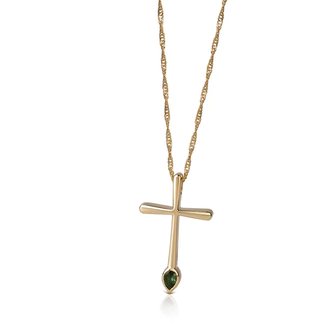 Thin and Tall with Curved Edges Gold Cross with Green Pear shape Tourmaline Gemstone