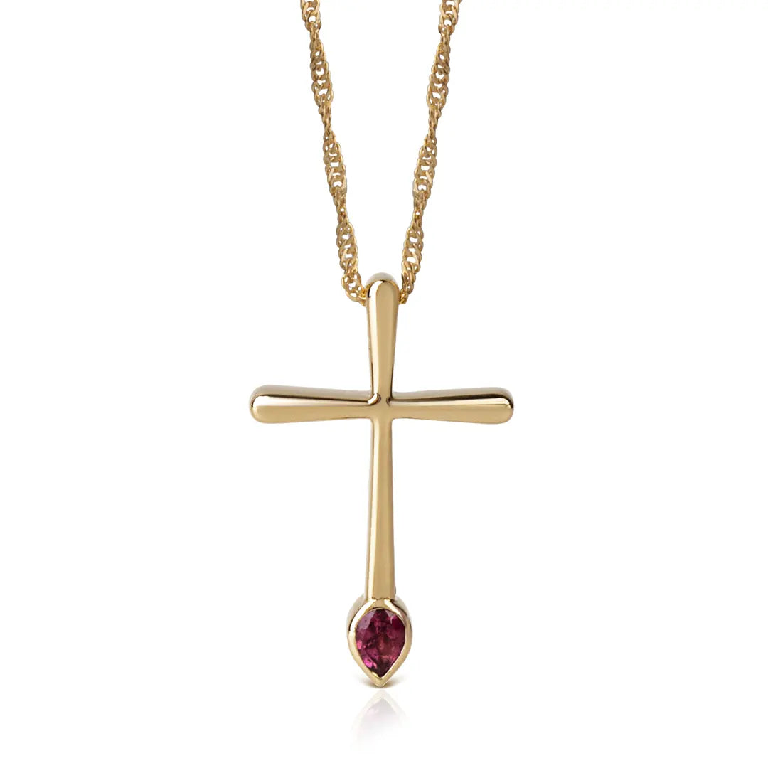 Thin and Tall with Curved Edges Gold Cross with Pink Pear shape Tourmaline Gemstone