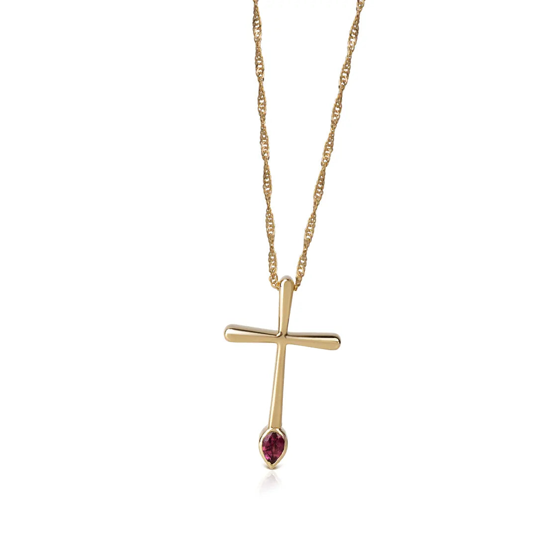 Thin and Tall with Curved Edges Gold Cross with Pink Pear shape Tourmaline Gemstone
