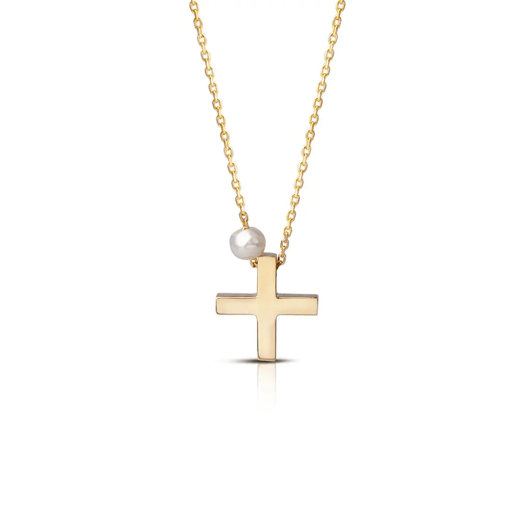 Tiny Squared Gold Cross Pendant with Freshwater Pearl or plain