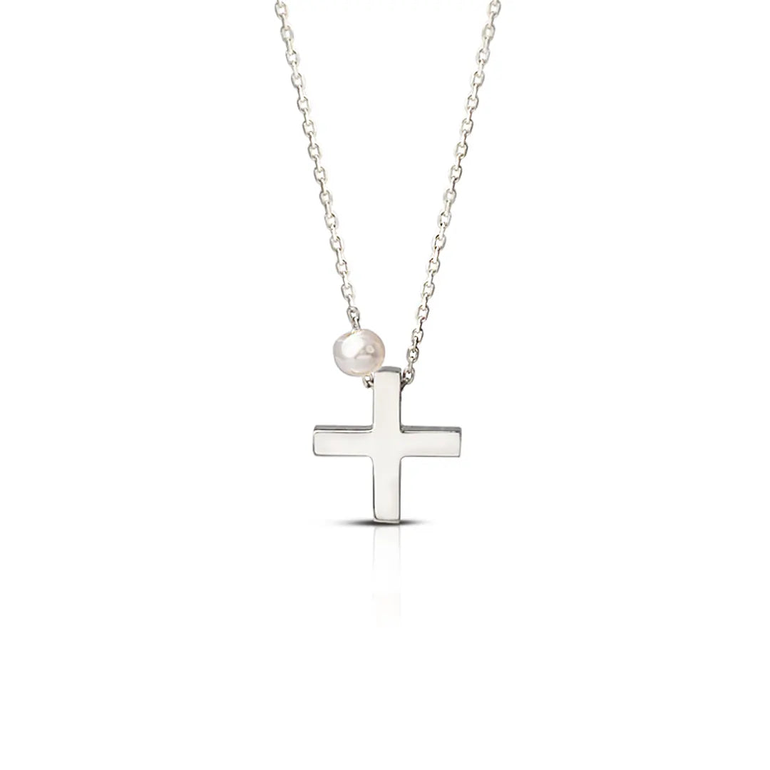 Tiny Squared Gold Cross Pendant with Freshwater Pearl or plain