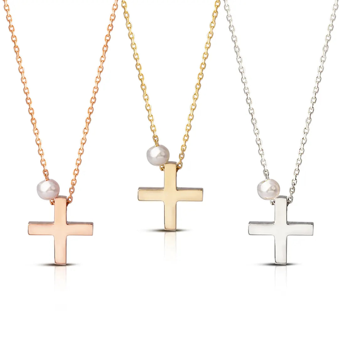Tiny Squared Gold Cross Pendant with Freshwater Pearl or plain