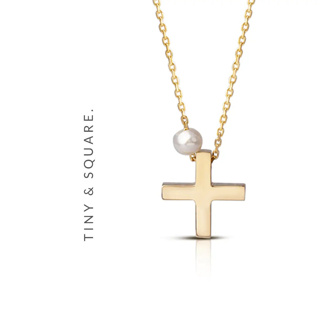 Tiny Squared Gold Cross Pendant with Freshwater Pearl or plain