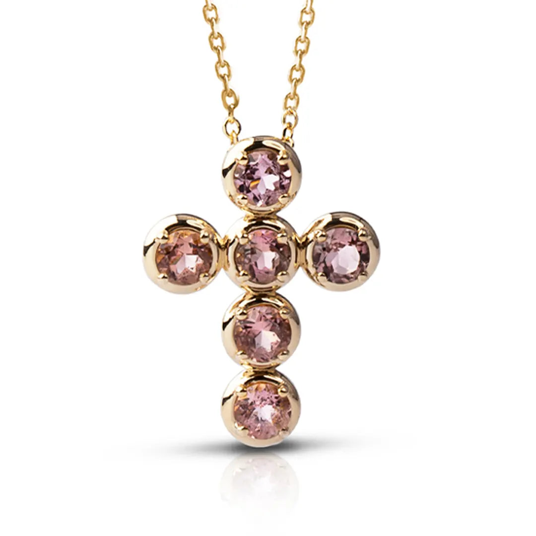 Circle Gold Cross Pendant with 6 Pink Tourmalines