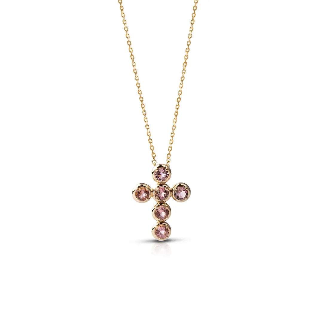 Circle Gold Cross Pendant with 6 Pink Tourmalines