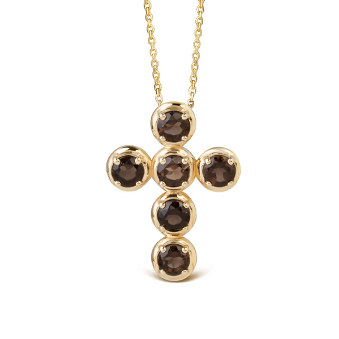 Circle Gold Cross with 6 Smoked Topaz