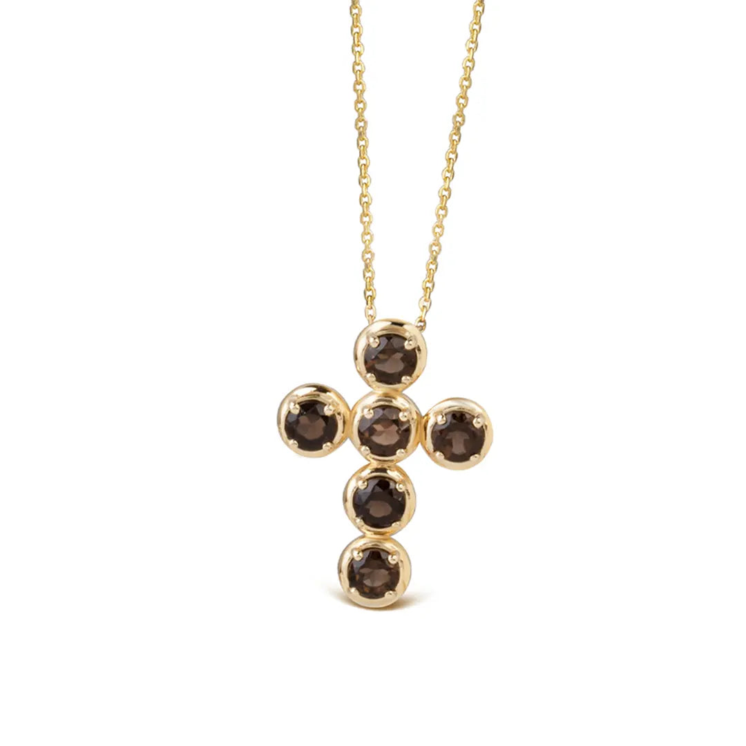 Circle Gold Cross with 6 Smoked Topaz
