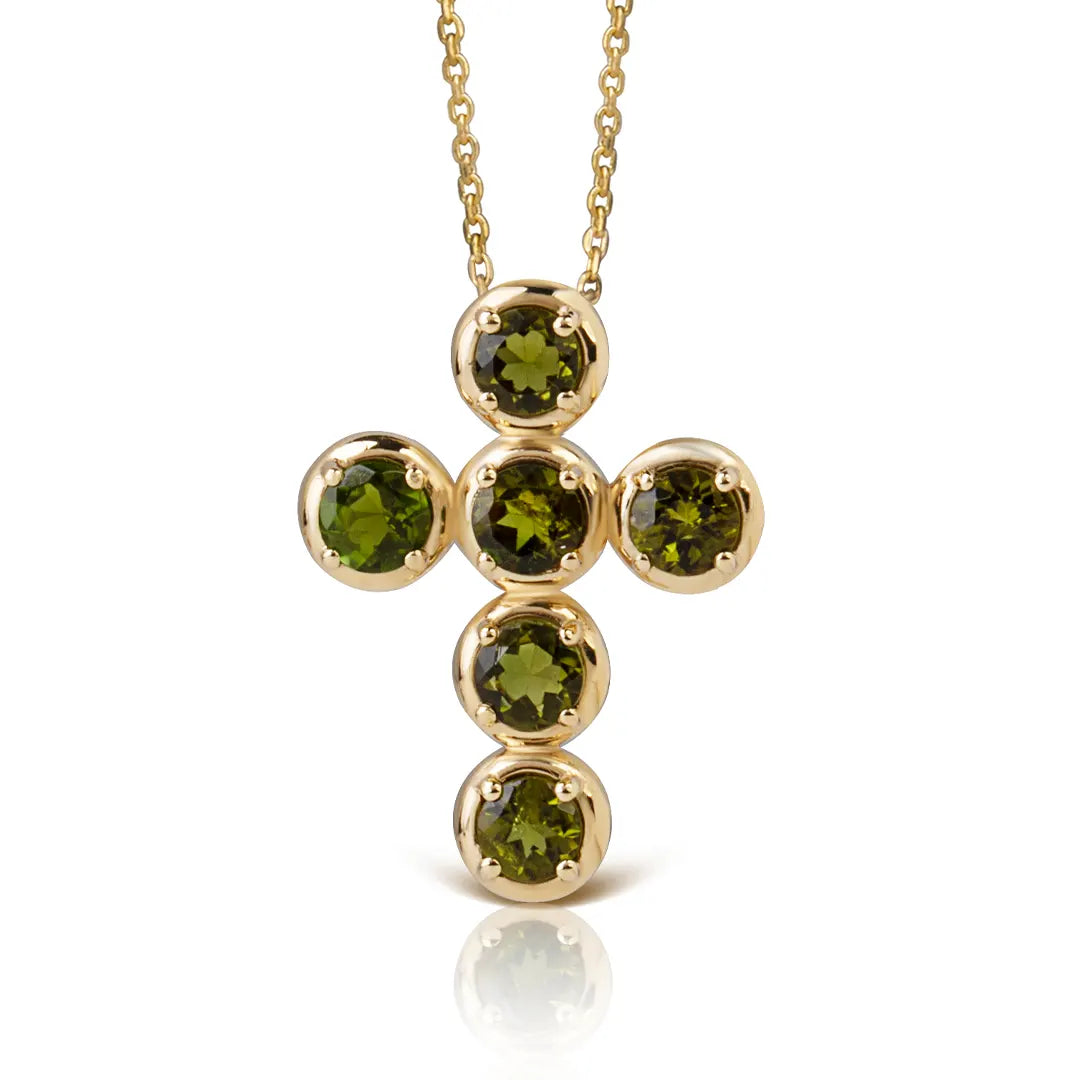 Circle Gold Cross Pendant with 6 Green Tourmalines