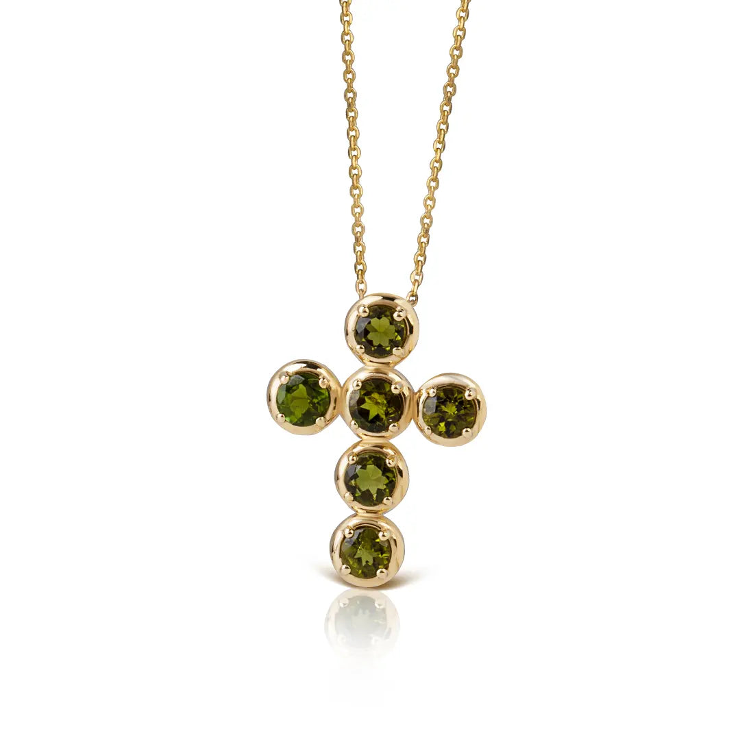 Circle Gold Cross Pendant with 6 Green Tourmalines