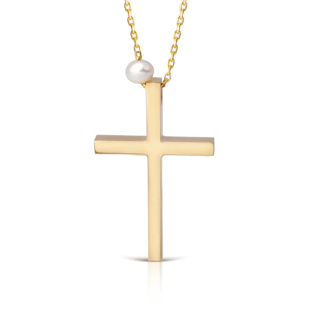 Thin Gold Cross Pendant with Freshwater Pearl