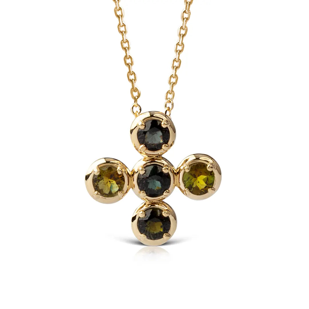 Circle Gold Cross Pendant with 5 Green Tourmalines