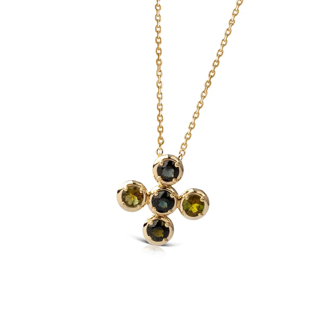 Circle Gold Cross Pendant with 5 Green Tourmalines
