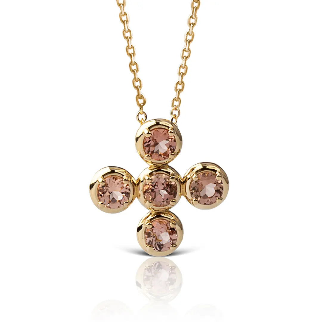 Circle Gold Cross Pendant with 5 Pink Tourmalines