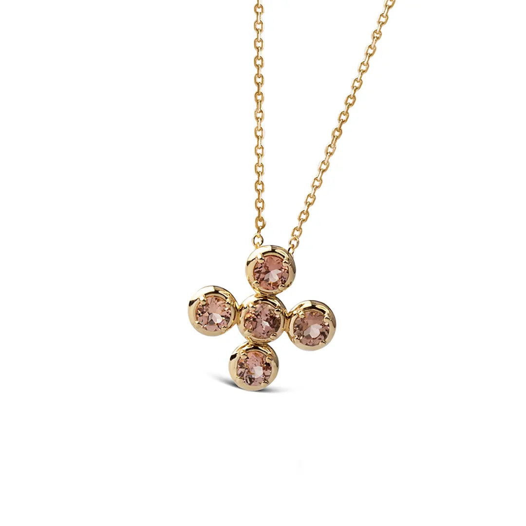 Circle Gold Cross Pendant with 5 Pink Tourmalines