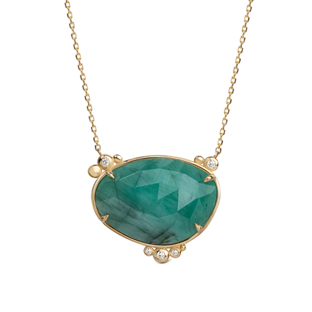 14K Gold Horizontal Emerald Necklace  with 5 diamonds