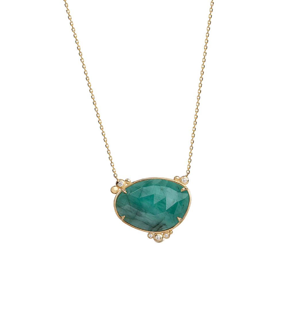 14K Gold Horizontal Emerald Necklace  with 5 diamonds