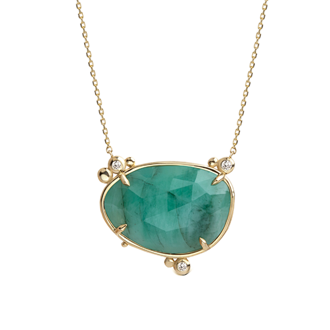 14K Gold Horizontal Emerald Necklace  with 3 diamonds
