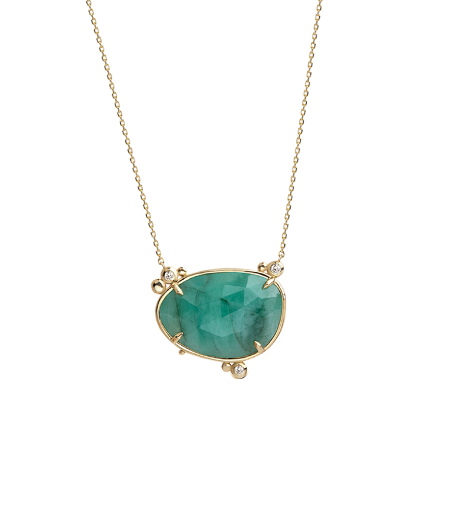 14K Gold Horizontal Emerald Necklace  with 3 diamonds