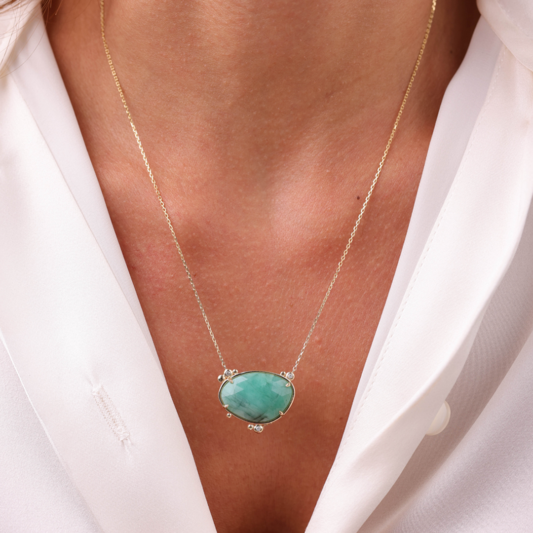 14K Gold Horizontal Emerald Necklace  with 3 diamonds