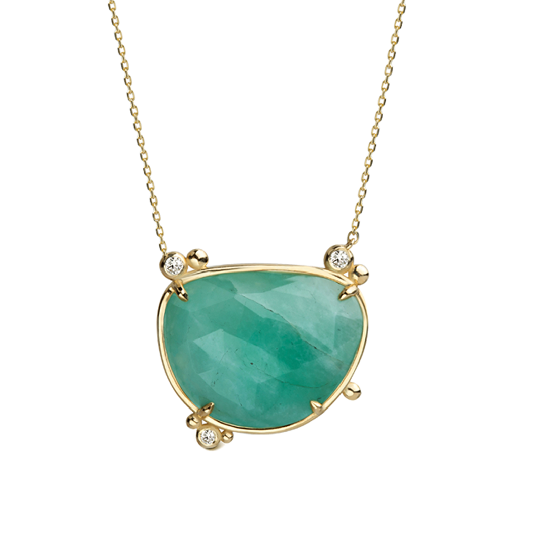 14K Gold Irregular Emerald Necklace  with 3 diamonds