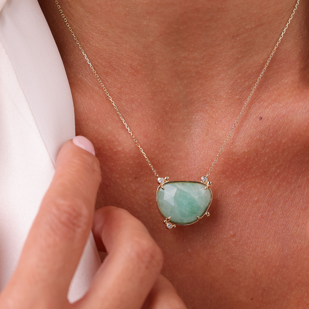 14K Gold Irregular Emerald Necklace  with 3 diamonds