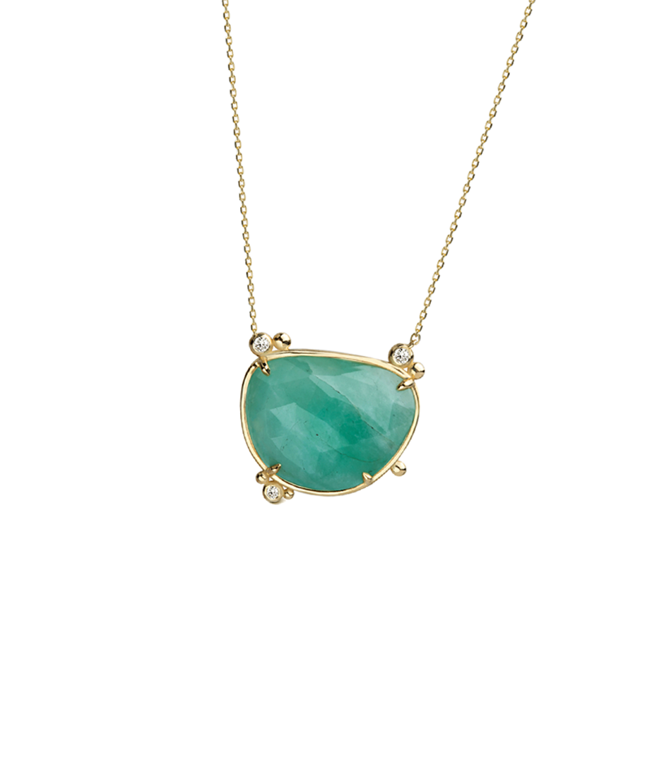 14K Gold Irregular Emerald Necklace  with 3 diamonds