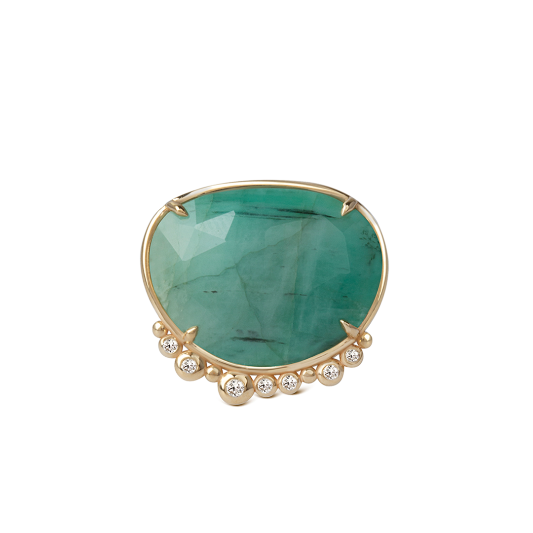 14K Gold Irregular Emerald Ring with 7 Diamonds