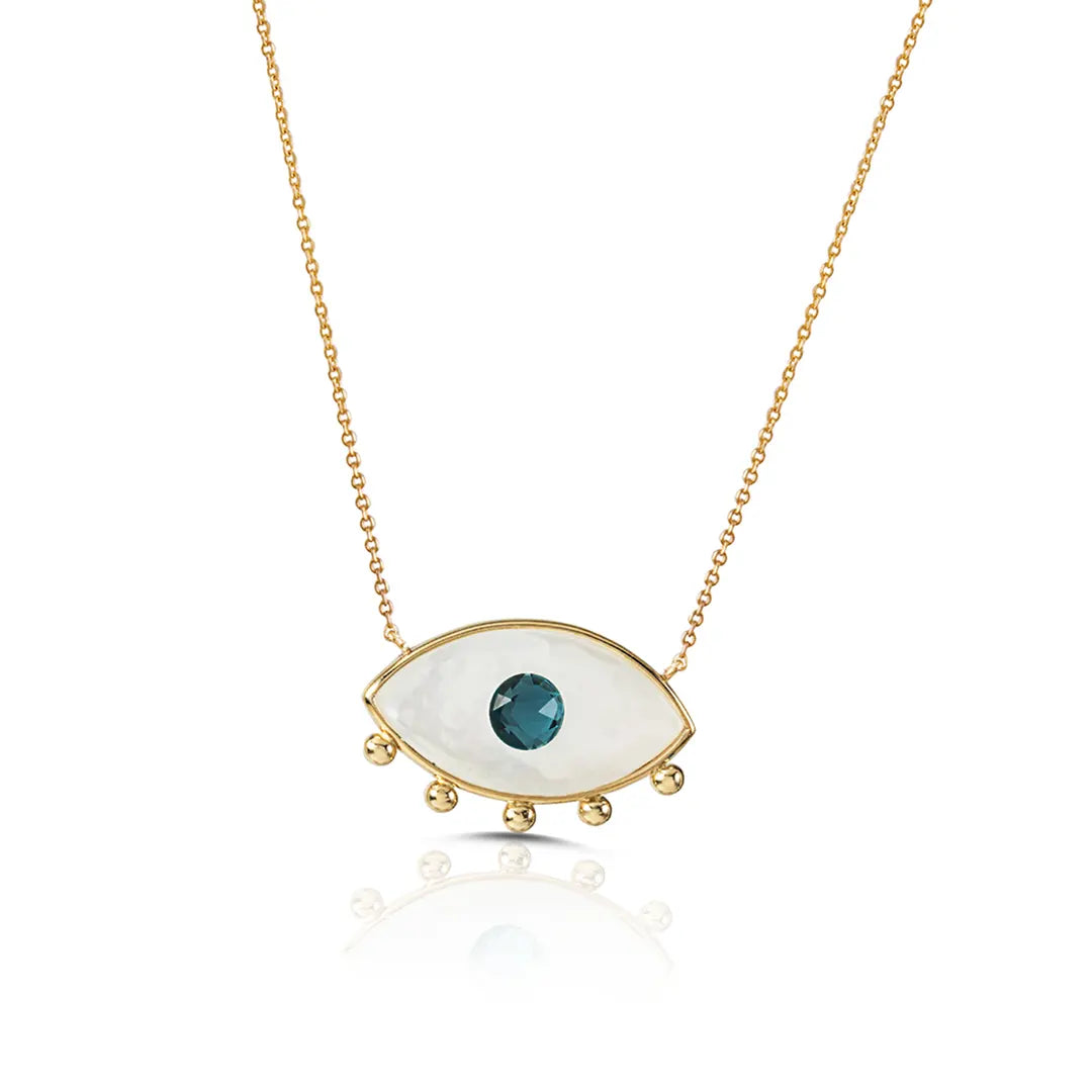 White and Blue Evil Eye 14K Gold Necklace with 5 Gold Dots