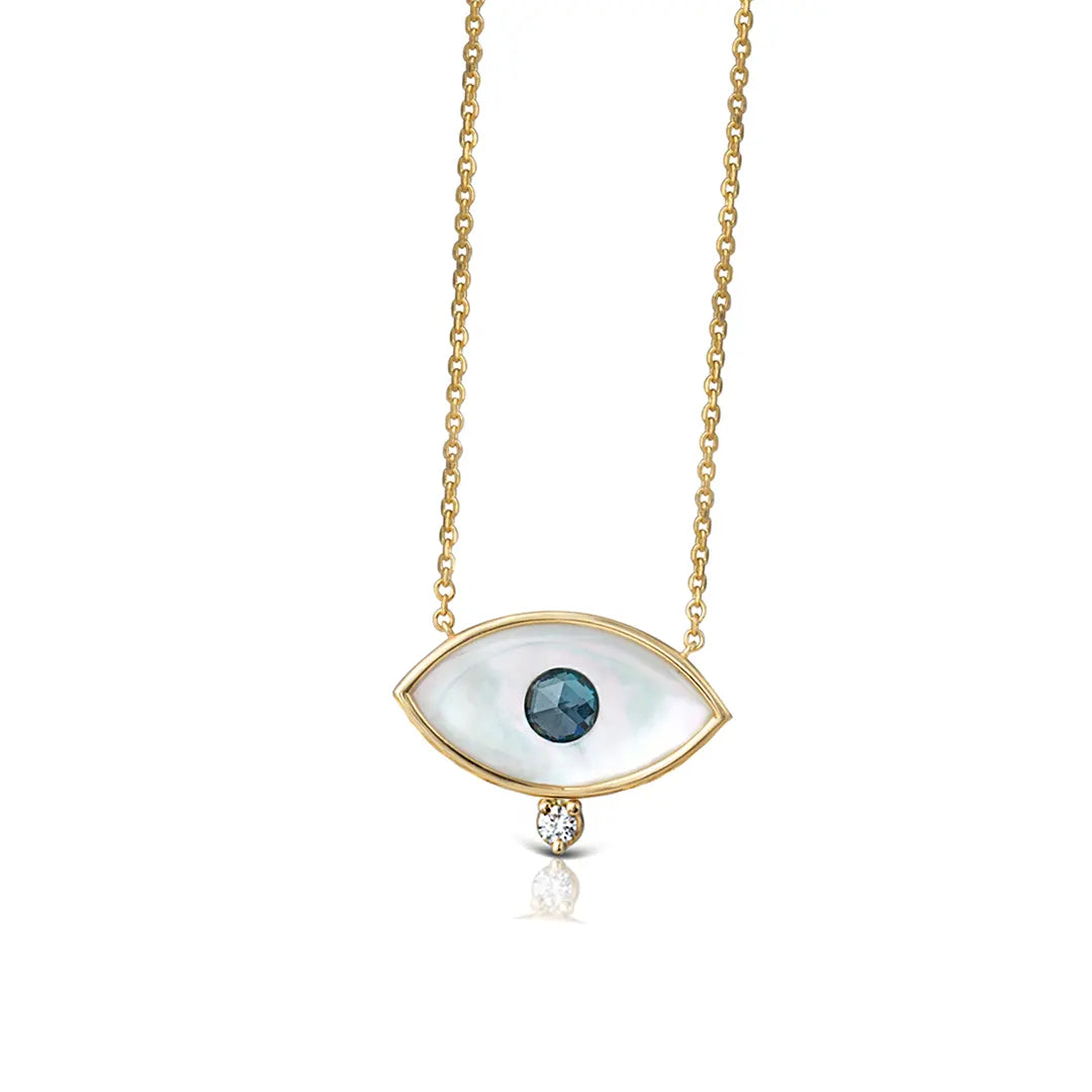 White and Blue Evil Eye 14K Gold Necklace with Diamond