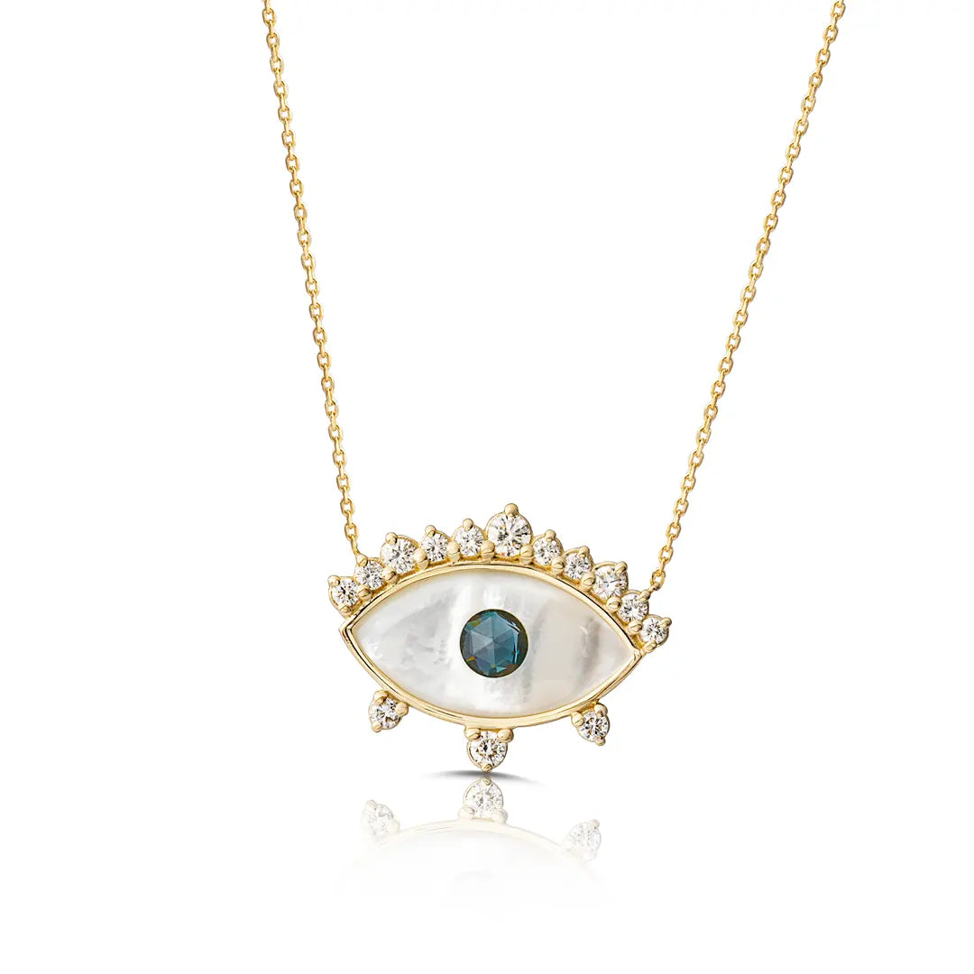 White and Blue Evil Eye 14K Gold Necklace with Diamond Crown