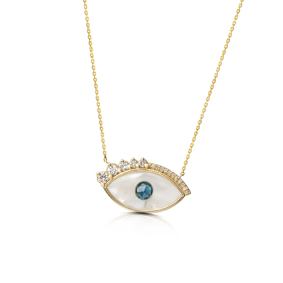 White and Blue Evil Eye 14K Gold Necklace with Diamond Lashes