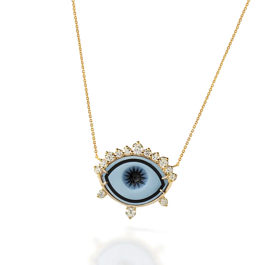 Cycladic Talisman 14K Gold Necklace with Cameo Eye and Diamond Crown
